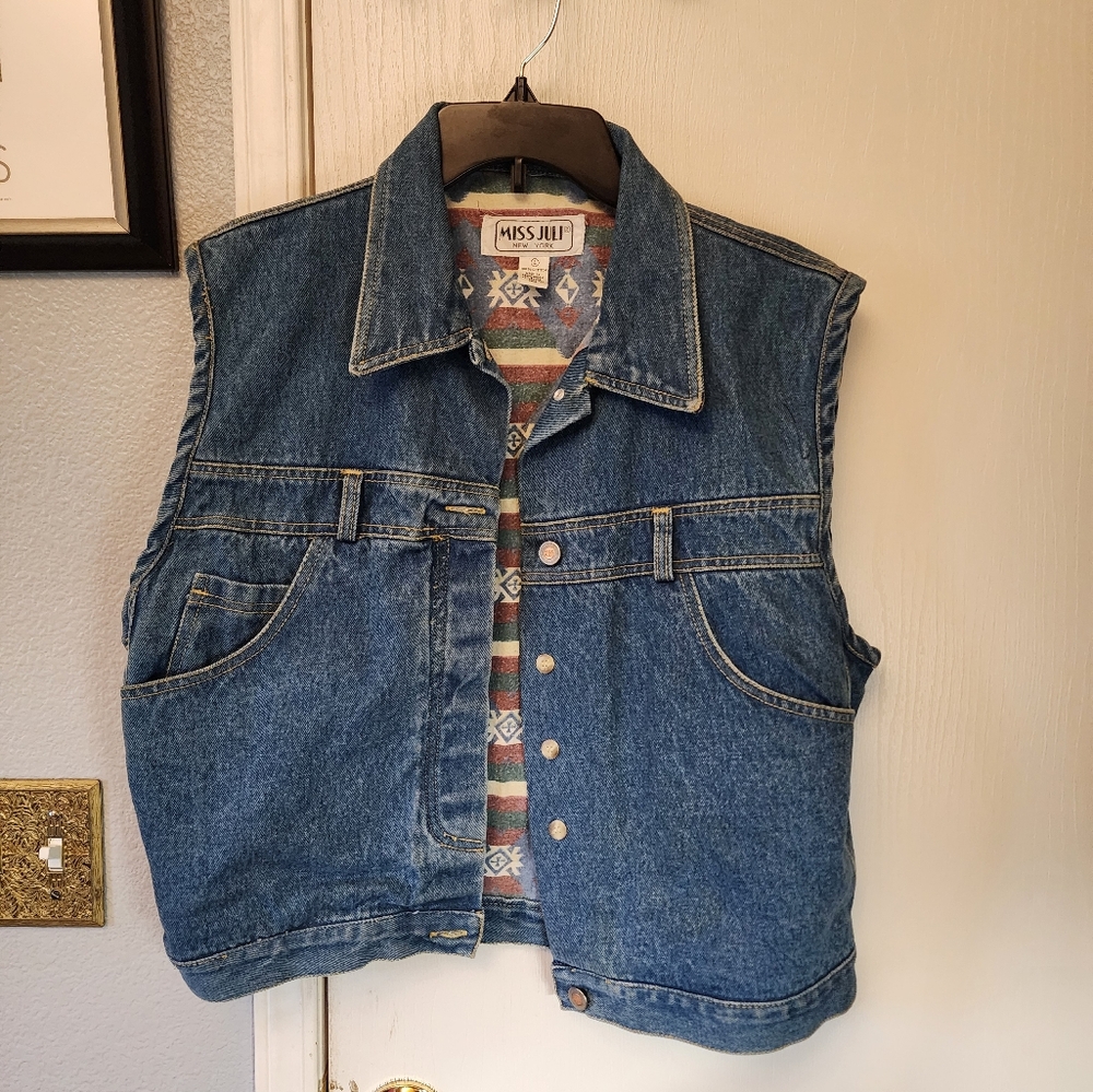 Vintage Denim Vest with Patterned Lining